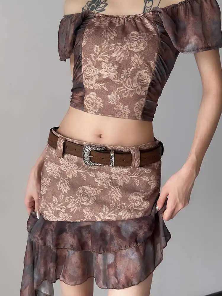 Y2K subculture retro engraved waist belt womens rose pattern brown pants belt niche design sense leather belt W250604
