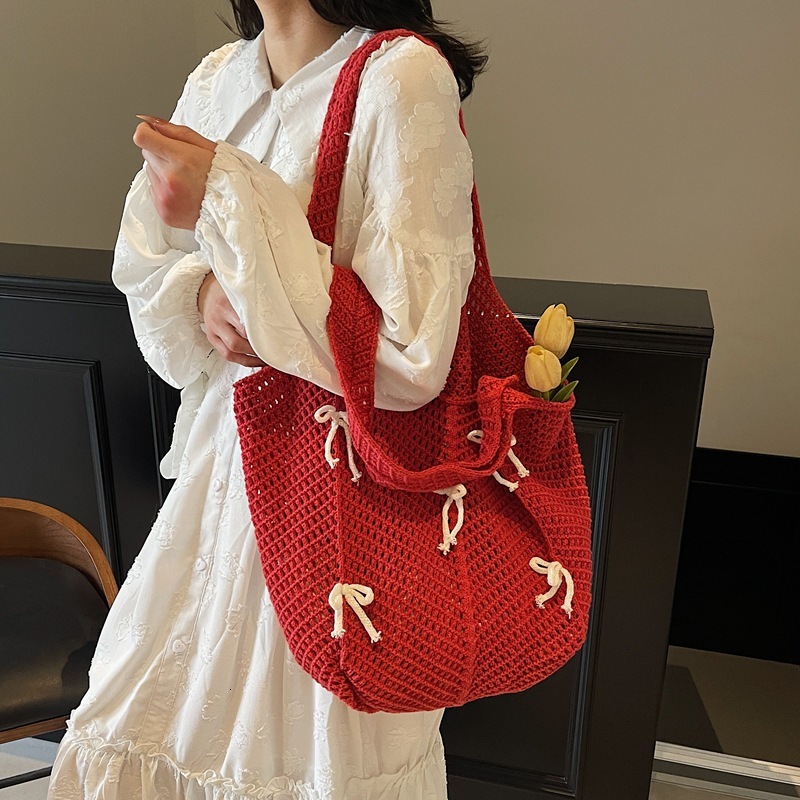 designer Lazy Style Large Capacity Knitted Tote Bag for Women Casual Versatile Bowknot Niche Woven Bag Beach Bag