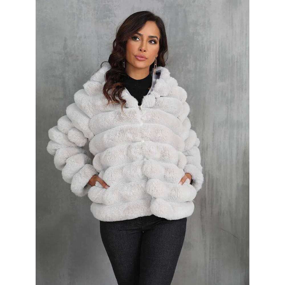ZADORIN Autumn Winter Casual Hood Fluffy Pink White Coat Women Ripple Zipper Ladies Jackets Fur Faux Coats for Woman