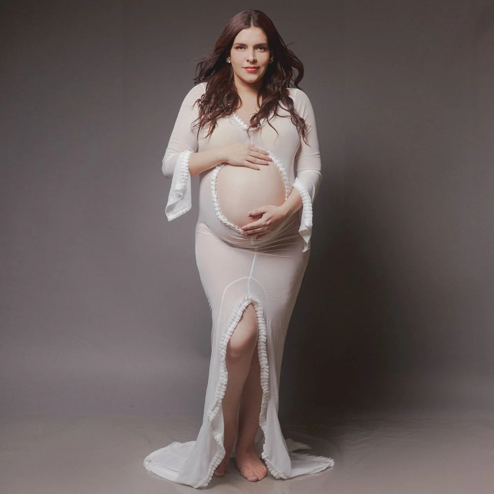 Maternity Sheer Lace Ruffle Ruched Dress Long Sleeve Sexy Slit Belly Gowns Pregnant Dress For Poshoot Simple Baby Shower 250530