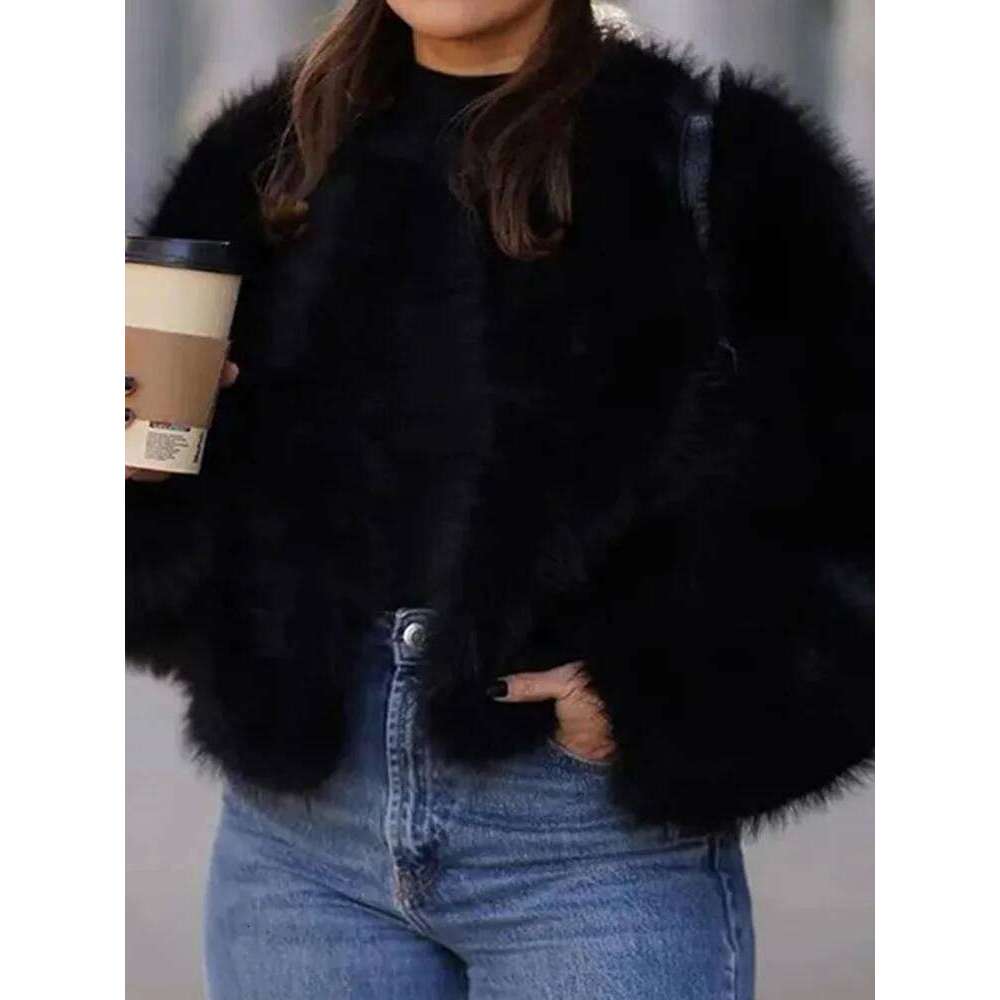 Aoaiiys Faux Fur Jacket Women Autumn Winter Cropped Elegant O-Neck Long Sleeve Soft Shaggy Coats Thicken Warm Outerwear