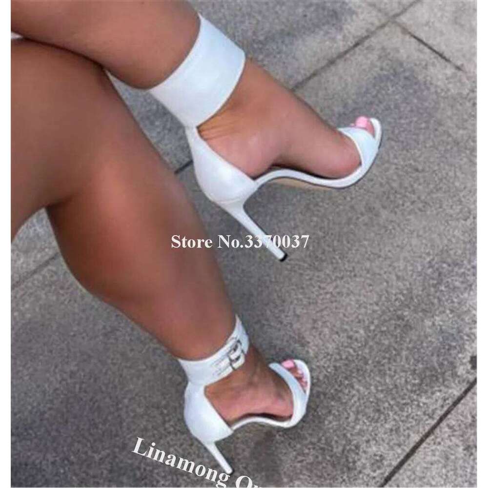 White Black Ankle Wrap Linamong Elegant Women Open Toe Matte Leather Stiletto Heel Gladiator Sandals Party Dress Heels
