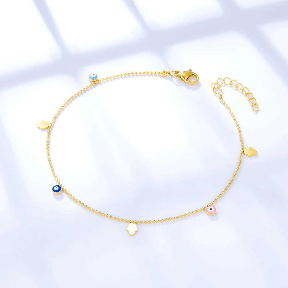 LUXUSTEEL Boho Enamel Colorful Evil Eye Hand Anklets For Women Stainless Steel Beads Link Leg Chain Summer Jewelry Waterproof W250604