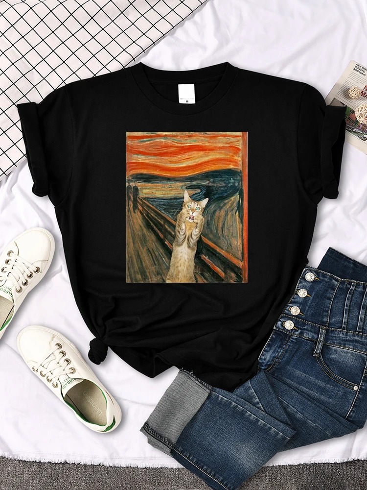 Mona Lisa T Shirts Funny Cat Lovely Cute Printed Designer T-Shirt For Women'S Crewneck Gothic Women Tshirt Casual Oversize Tee Shirts