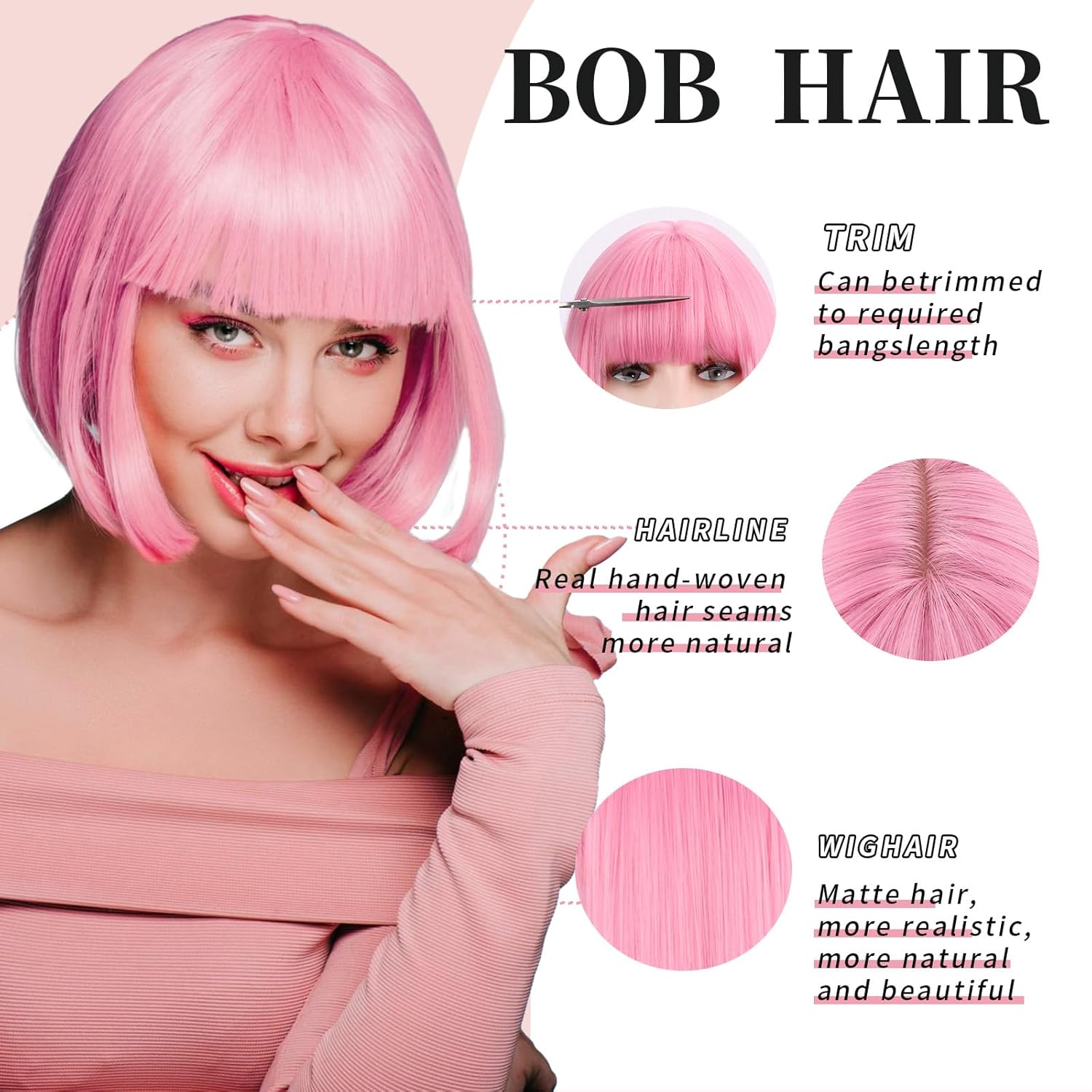Pink Bob Wig With Bangs - Short Straight human hair wig, 12Inch Heat Resistant Synthetic Hair, Natura Looking For Daily Party Use