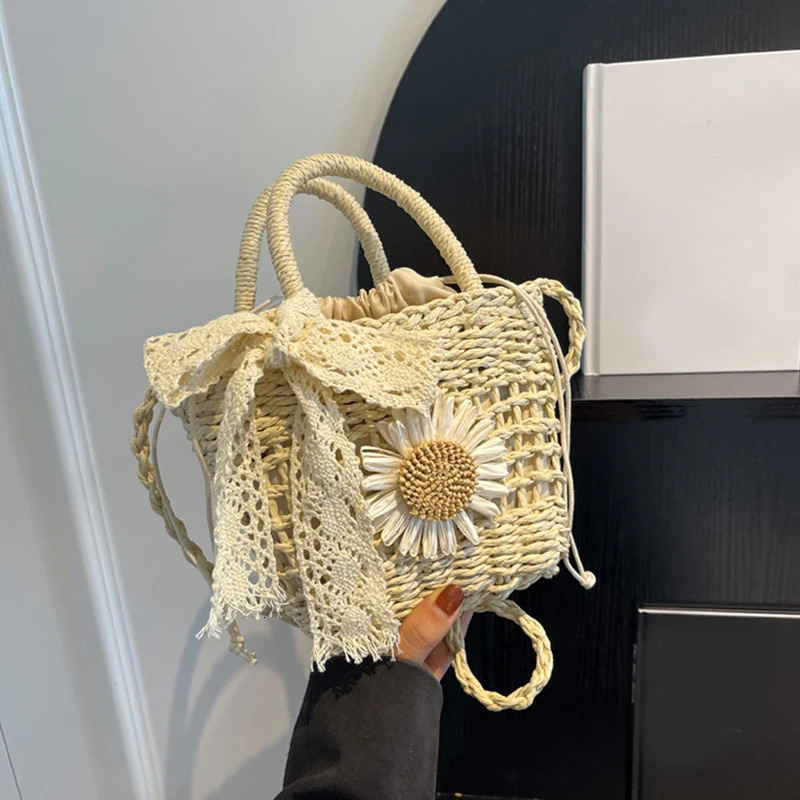 Lace Bow Straw Weave Womens Handbag Casual Crossbody Bag Small Bucket Tote Summer Beach Bag 250530