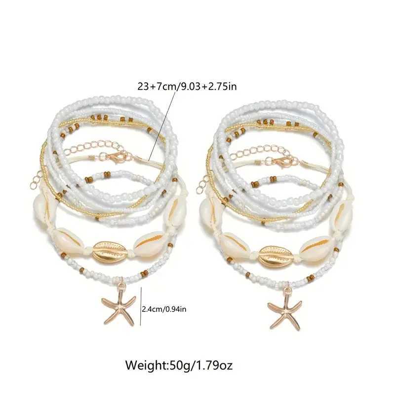 7/14pcs Bohemian Beaded Anklet Set for Women Summer Starfish Shell Charms Multi-Layer Beach Foot Bracelets Daily Wear Jewelry W250604