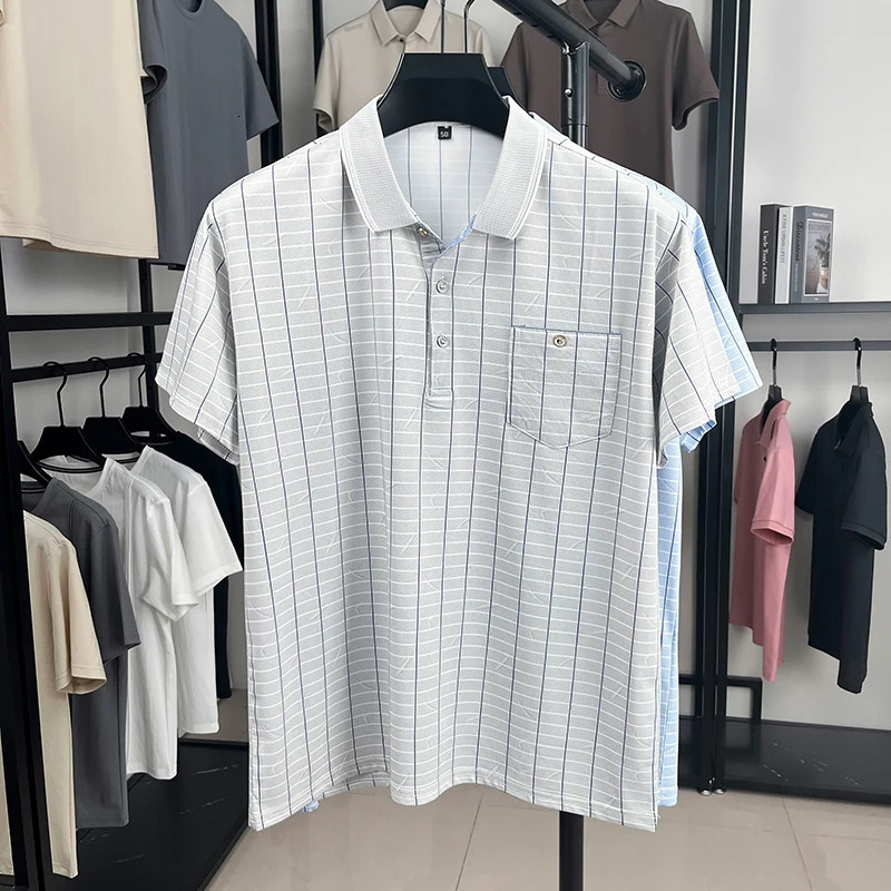 Short Sleeved Tshirt Mens Lapel Ice Silk Plaid Polo Shirt Middleaged Dad Outfit Summer Thin Top Clothing 250604Z