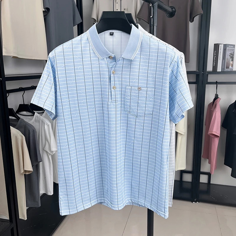Short Sleeved Tshirt Mens Lapel Ice Silk Plaid Polo Shirt Middleaged Dad Outfit Summer Thin Top Clothing 250604Z