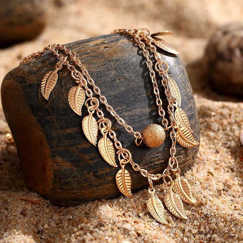 New European and American selling beach leaf anklet simple double tassel ethnic style women small leaf foot Accessories Jewelry W250604