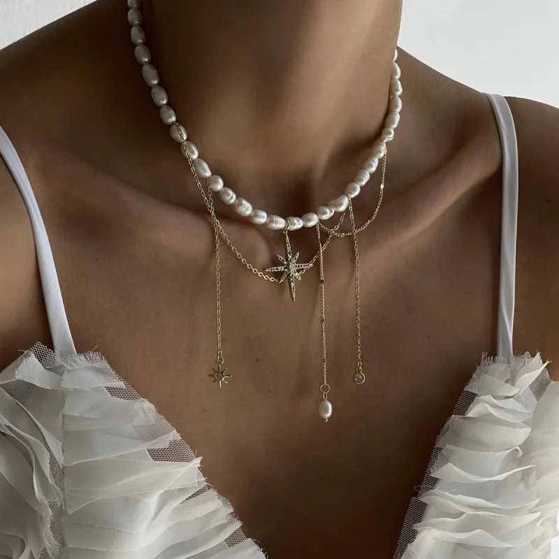 Elegant Faux Pearls Chain Necklace Star Tassels Neckchain For Fashionable Women Stylish Clavicle Chain XJ250604