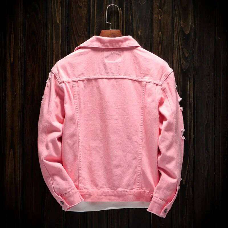 Pink Coats, New Spring and Autumn, Jena with Holes Distressed Denim Jackets for Men, Size 4XL