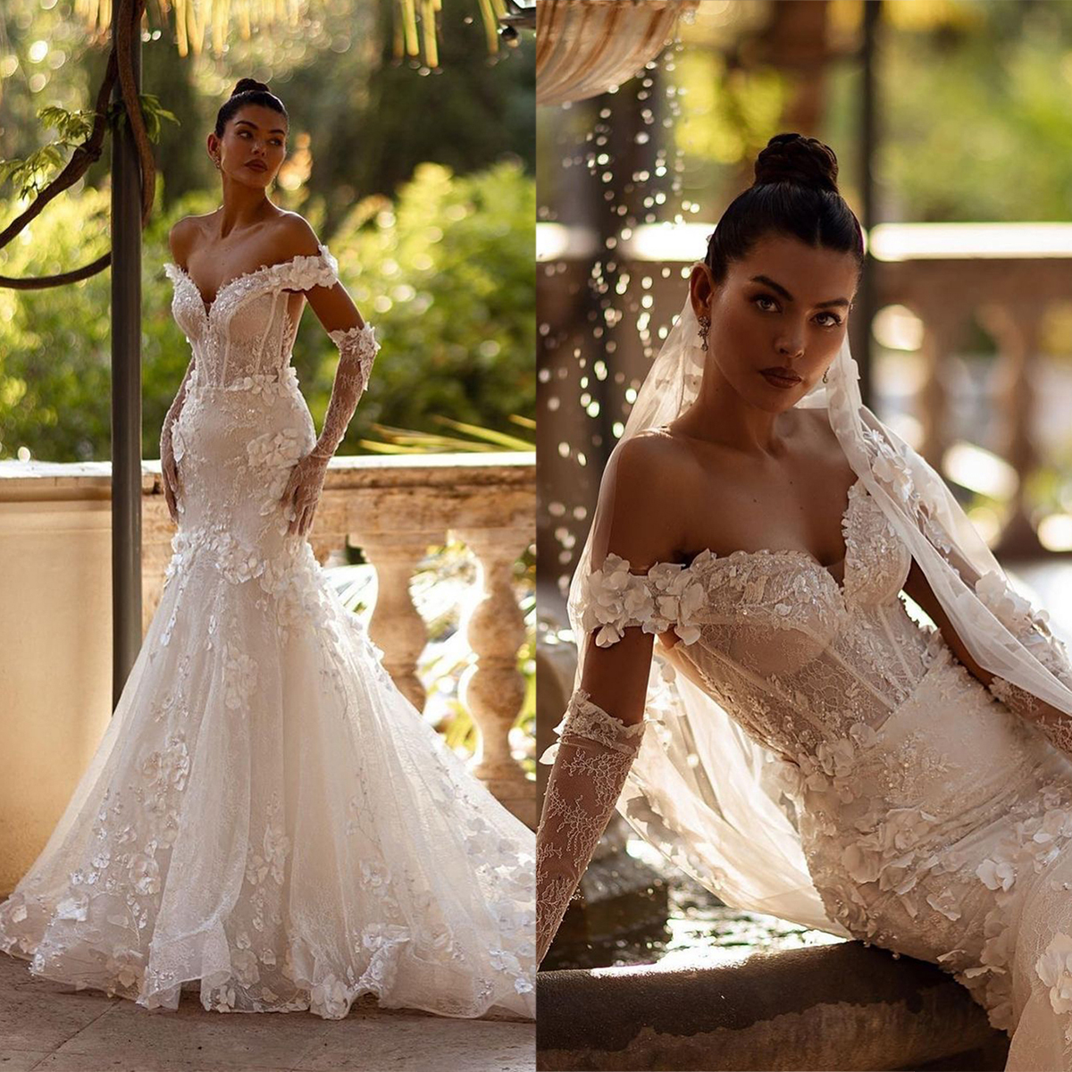 3D Flower Lace Mermaid Wedding Dresses Off Shoulder Sexy Bridal Gowns with Train Elegant Beaded Bride Dresses