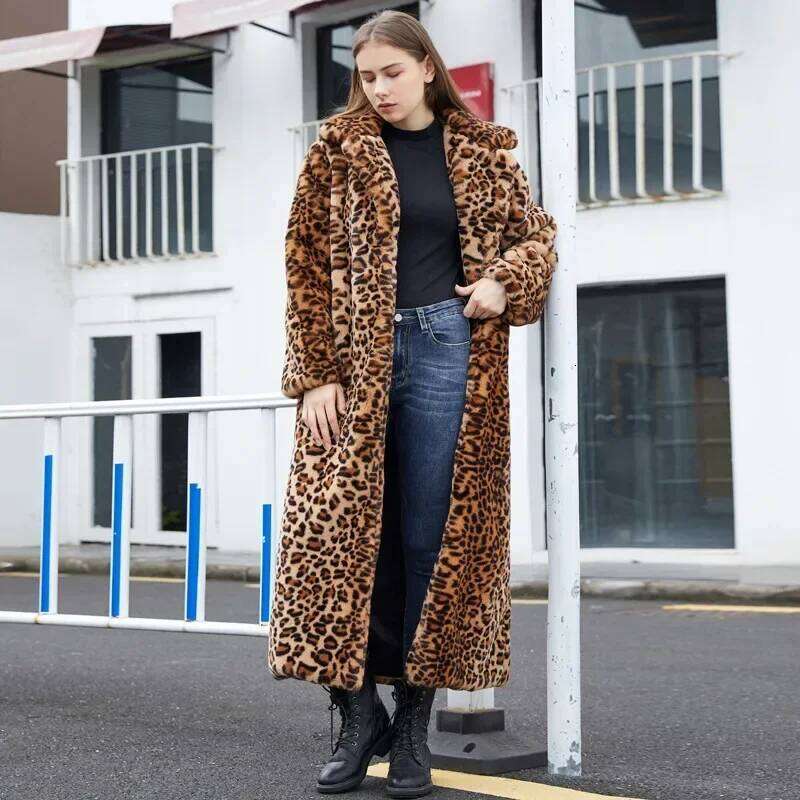 2024 High Street Leopard Print Long Fuzzy Jacket for Women Winter Faux Rabbit Plush Coats and Jackets Coat Fur