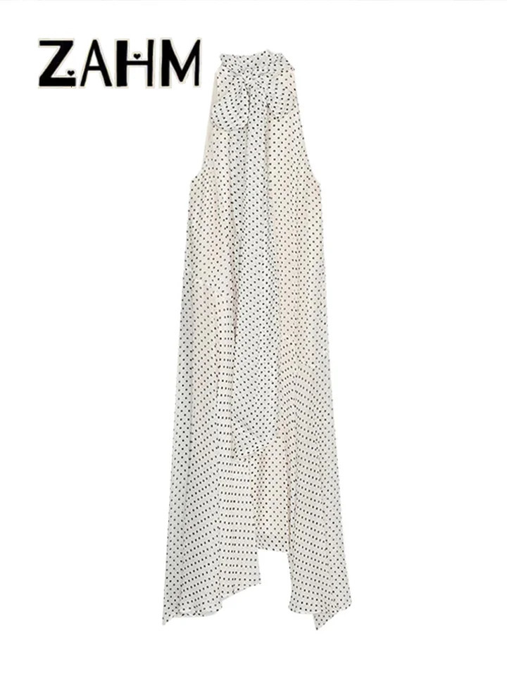 Elegant Polka Dots Halter Ribbons Dress Women Loose Sleeveless Scarf Irregular Long Dresses Female Summer Lady Robes 250604