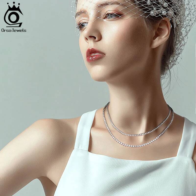 ORSA JEWELS Real Sterling Sier 2.5mm Round Cut Cubic Zirconia Bezel-Setting Tennis Chocker Necklace SC51