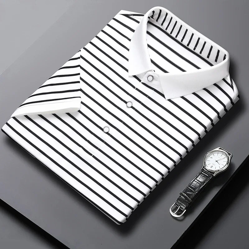 2024 Mens Striped Cotton Business Casual Short Sleeved POLO Shirt Fashion Comfortable and Breathable Top y250604Z