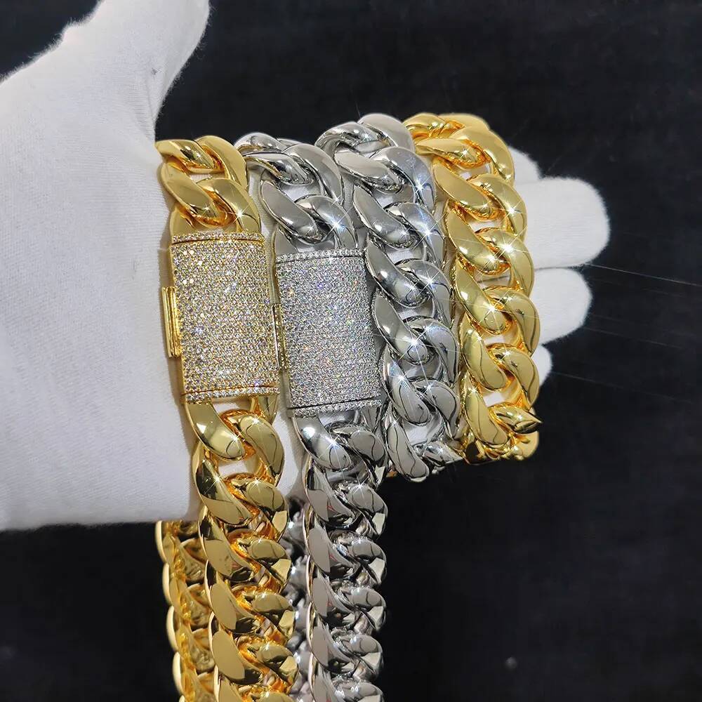 Hip Hop Rapper CZ Jewelry 12/22MM Real Gold Plated Solid Miami Cuban Link Chain Necklace For Men