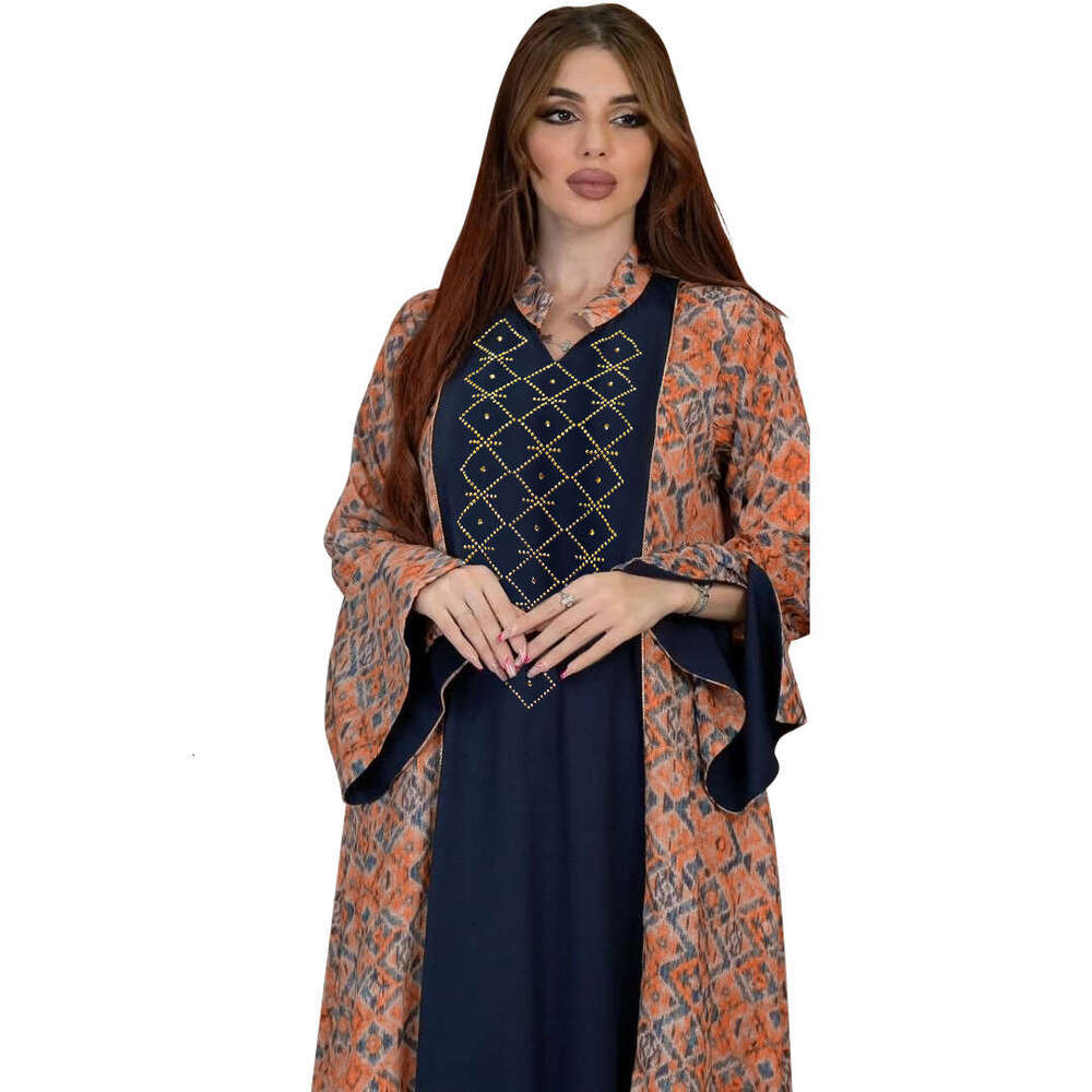 Because0264 Muslim Ethnic Clothing Fashion Print Color-Block Rhinestone Embellished Robe B5