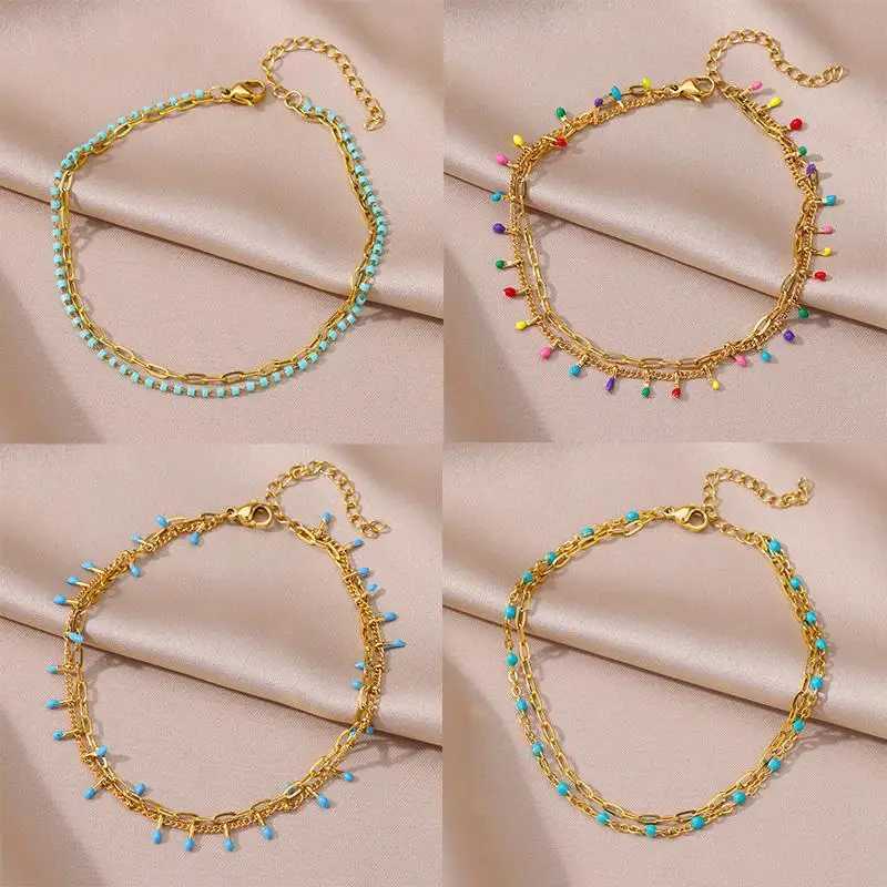 Anklets for Women Summer Beach Accessories Boho Colorful Stainless Steel Two Layer Chain Anklet Leg Bracelets Fashion Jewelry W250604