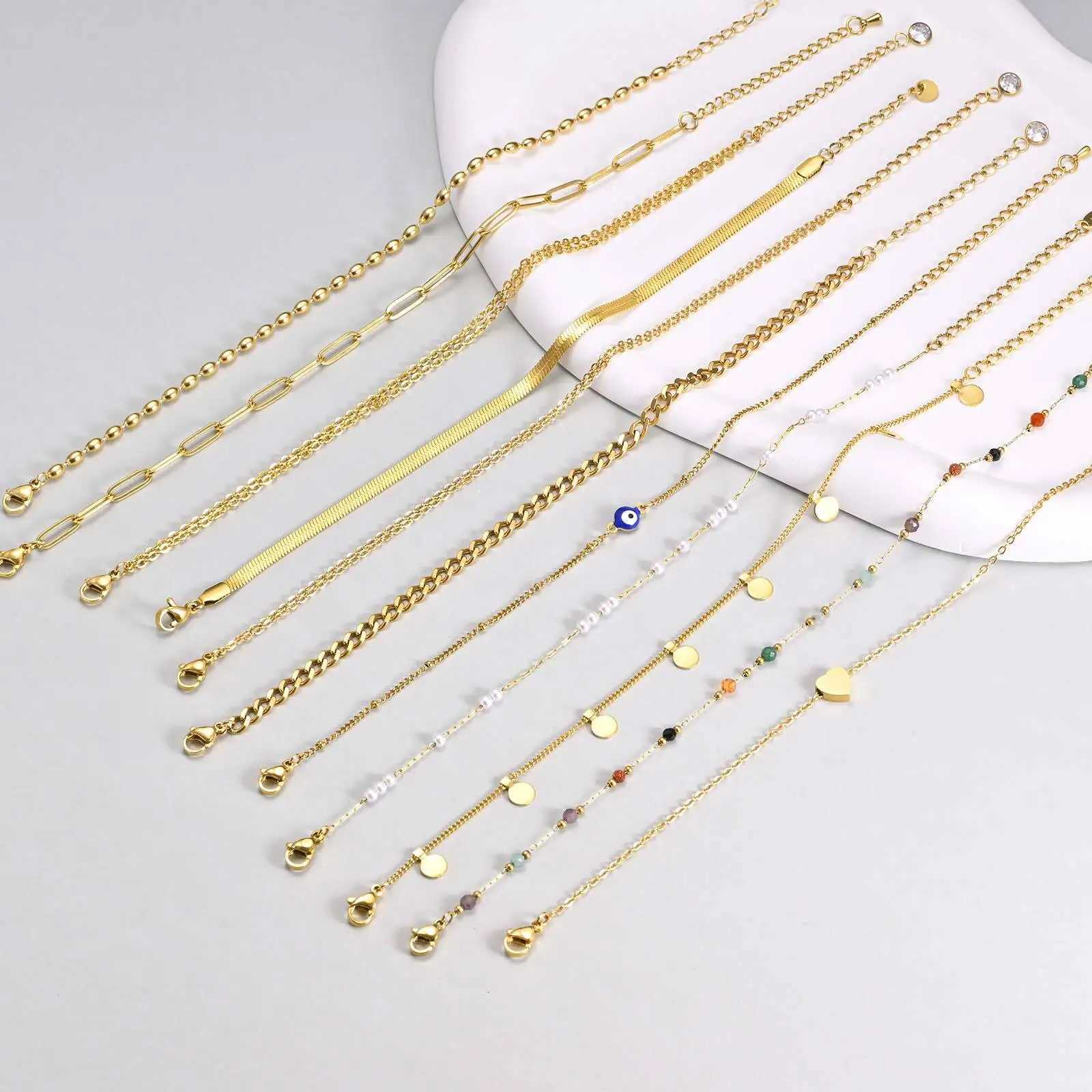 Waterproof Pearls Beaded Paperclip Evil Eye Anklet Bracelet Gold Plated Stainless Steel Link Chain Anklets Summer Beach Jewelry W250604