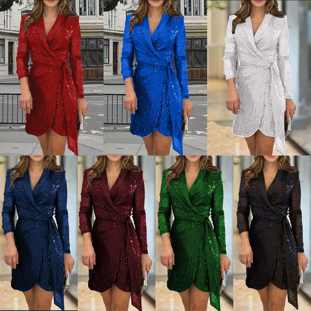 New Women's Fashion Sexy Waist-Cinching Multicolor Sequin Blazer Collar Tie Dress B5