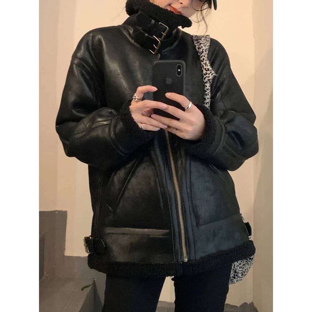 LANMREM Vintage Lamb Fur Winter Coat Women Belt Spliced Collar Design Zipper Slim Warm Jackets Fashion 2024 New Clothing 2VV112