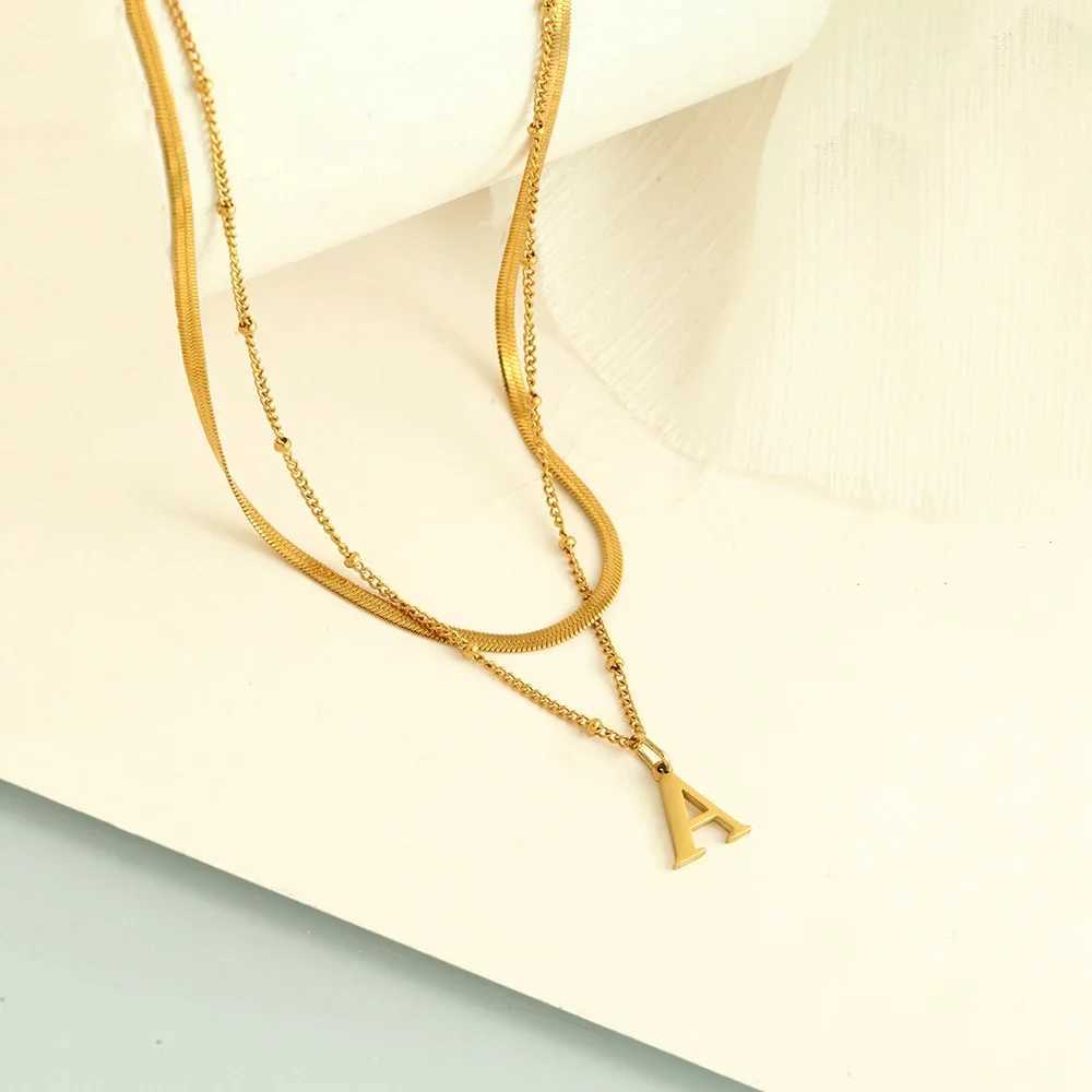 Stainless Steel Double-layer Necklace Golden 26 Initial Letters European and American Fashion Style Womens Jewelry WholesaleXJ250604