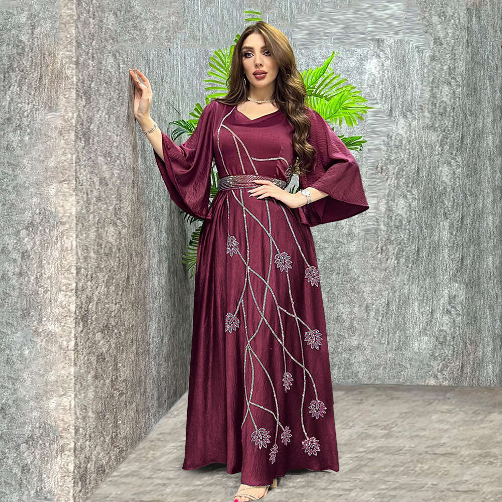 Muslim Abaya Leaf Pattern With Rhinestones Belt Dubai Robe Dress B5