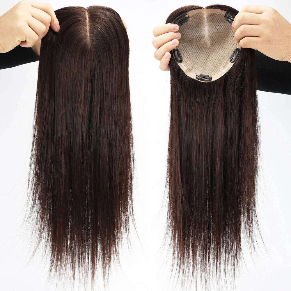 16x18cm Full Hand Made Silk Base with Clips in Virgin European Real Human Topper for Women Dark Brown Hair Toupee