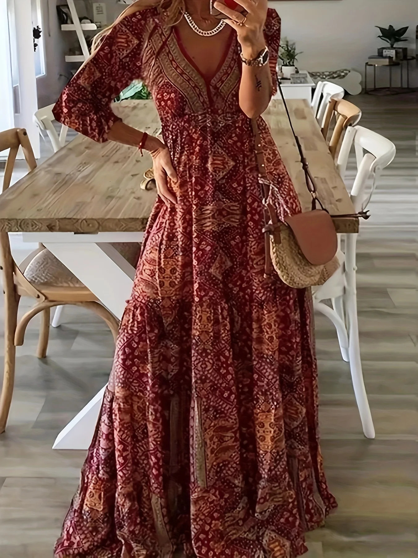 plussize European and American crossborder bohemian cropped sleeve highwaisted Vneck printed dress 250604