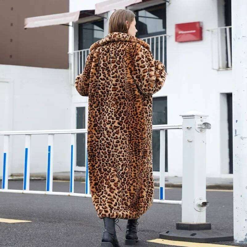 2024 High Street Leopard Print Long Fuzzy Jacket for Women Winter Faux Rabbit Plush Coats and Jackets Coat Fur