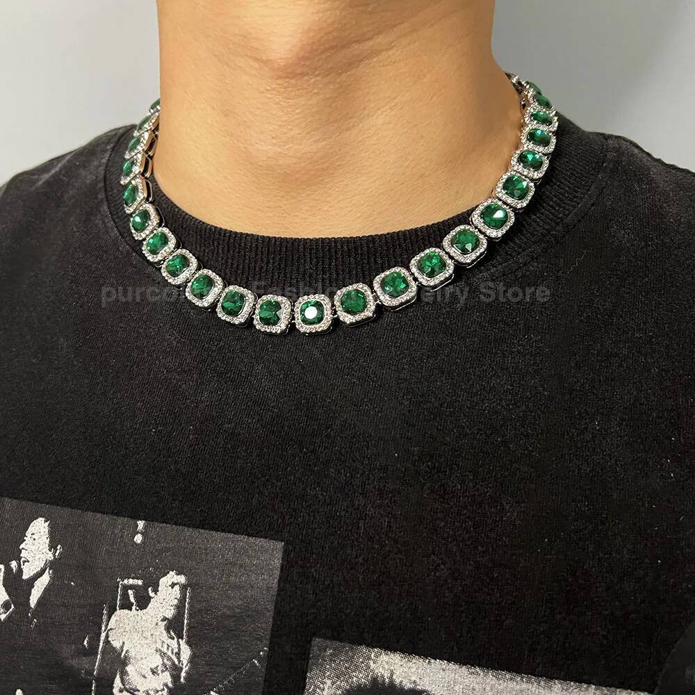 NEW Green Necklace for Men Women 12mm Tennis Chain Cuban Link Hip Hop Square Bling AAA Rhinestones Glass Jewelry