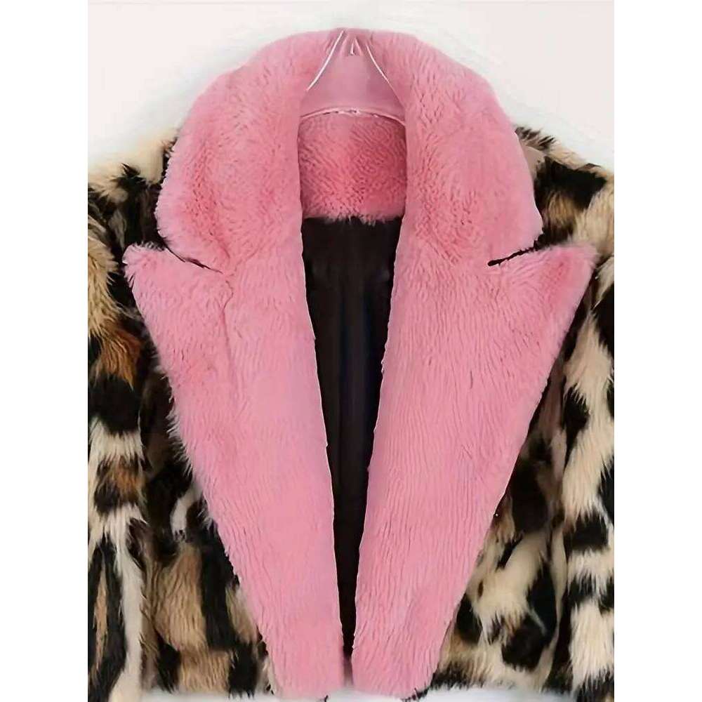 Women's Elegant Directional Faux Fur Leopard Print Coat - Autumn/Winter Wear, Fashionable Outerwear, Feel Fabric