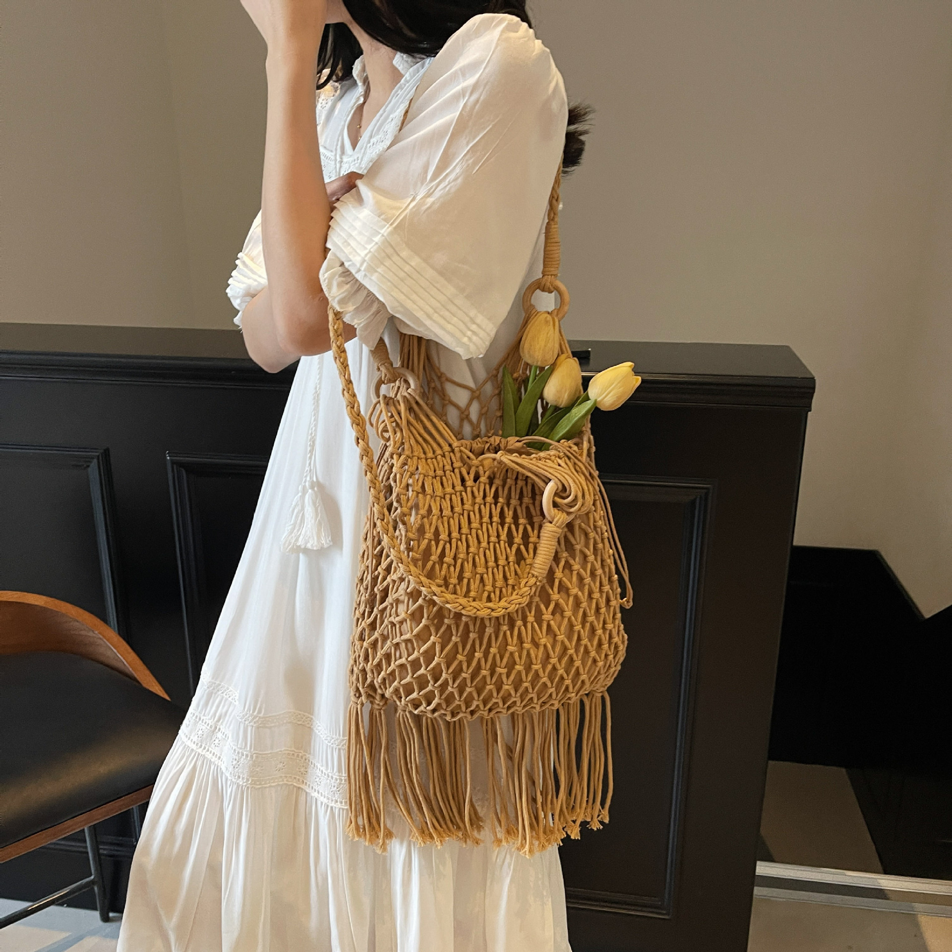 designer 2025 New Mesh Shoulder Underarm Bag Simple Woven Cotton Rope Bag Hollow Fishnet Bag Beach Vacation Tote Bag