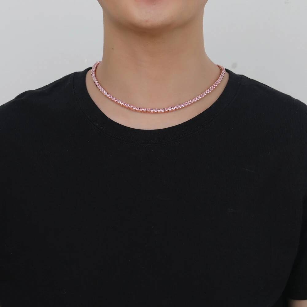 Bling Pink CZ 4mm 16inch 18inch Iced Out AAA Cubic Zirconia brass setting Tennis Chain Necklace BC201