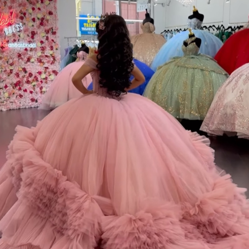 Pink Quinceanera Dresses Ball Gown Off The Shoulder Beading Tiered Tull Party Birthday Sweet 16 Dress Vestidos 15 De Anos