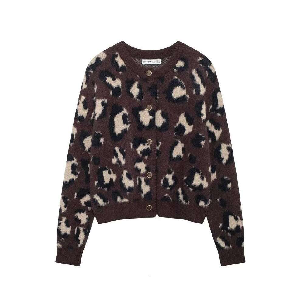 Women's Fashion Autumn Winter New Animal Print Jacquard Sweater Faux Fur Knit Cardigan Coat B5