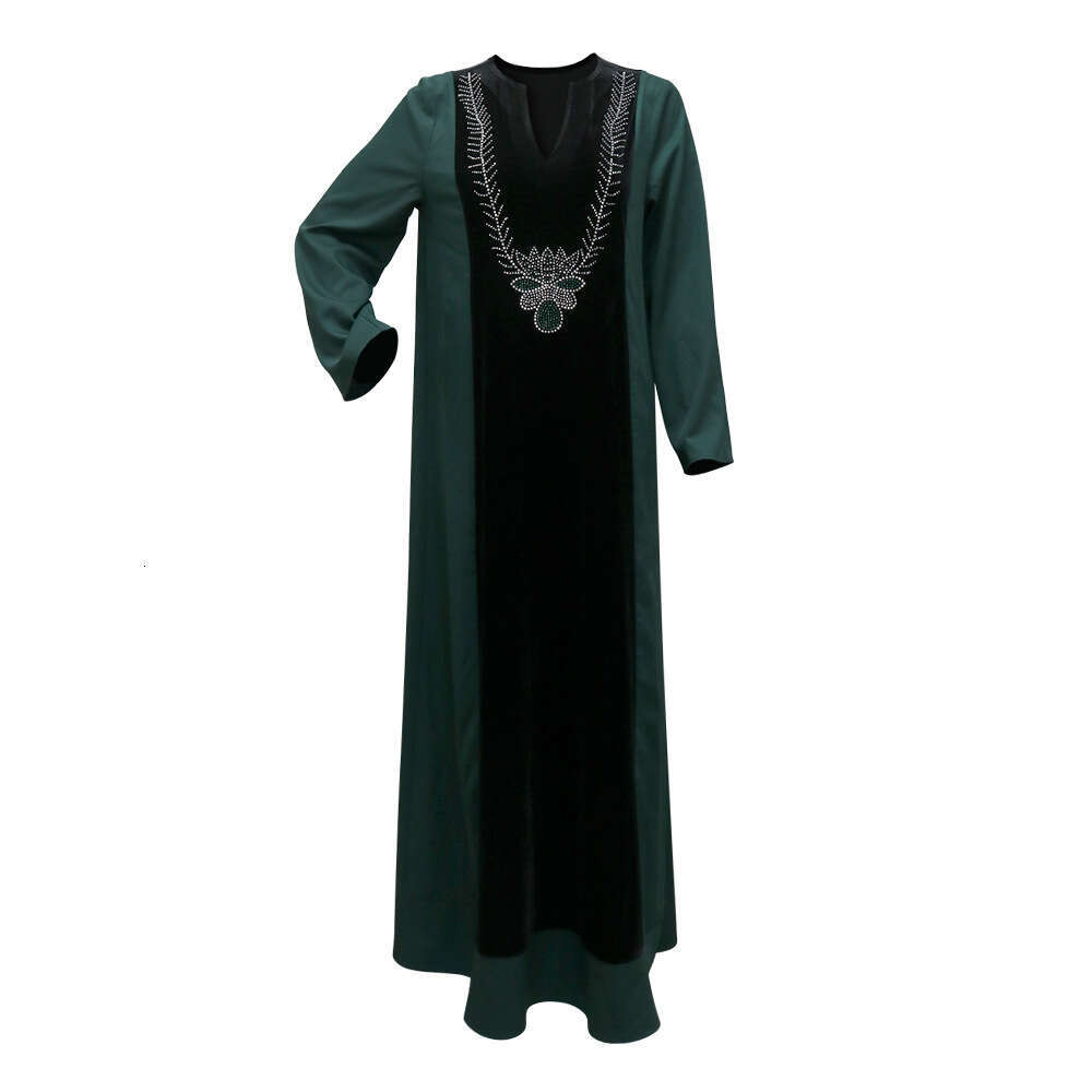 Because0243 Muslim Dubai Arabic Women's Clothing Rhinestone Velvet Patchwork Color Block Long Robe Dress B5