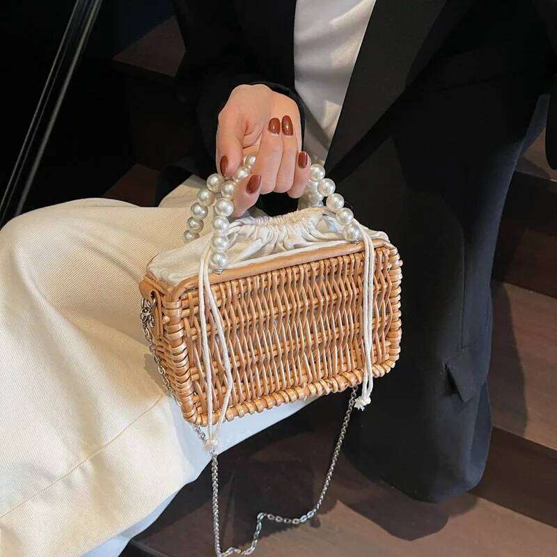 Women's Bags Designer Bohemian Woven Straw Basket Pearls Beaded Rattan Bags For Women Handbag Summer Travel Beach Shoulder Crossbody Bag Box Purs