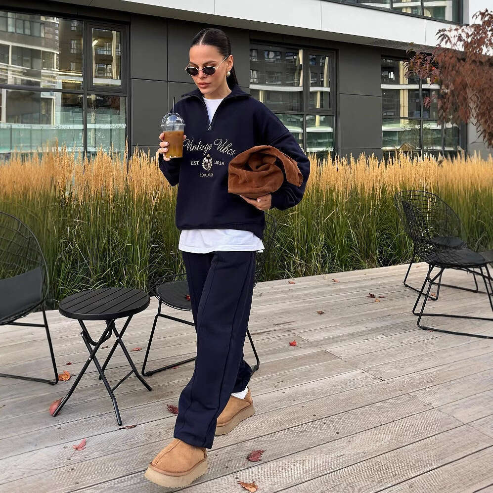 Hot Selling Half-Zip Lazy Style Early Autumn Sweatshirt For Women Trendy Loose Long Sleeve Top Coat Women's Clothing B5