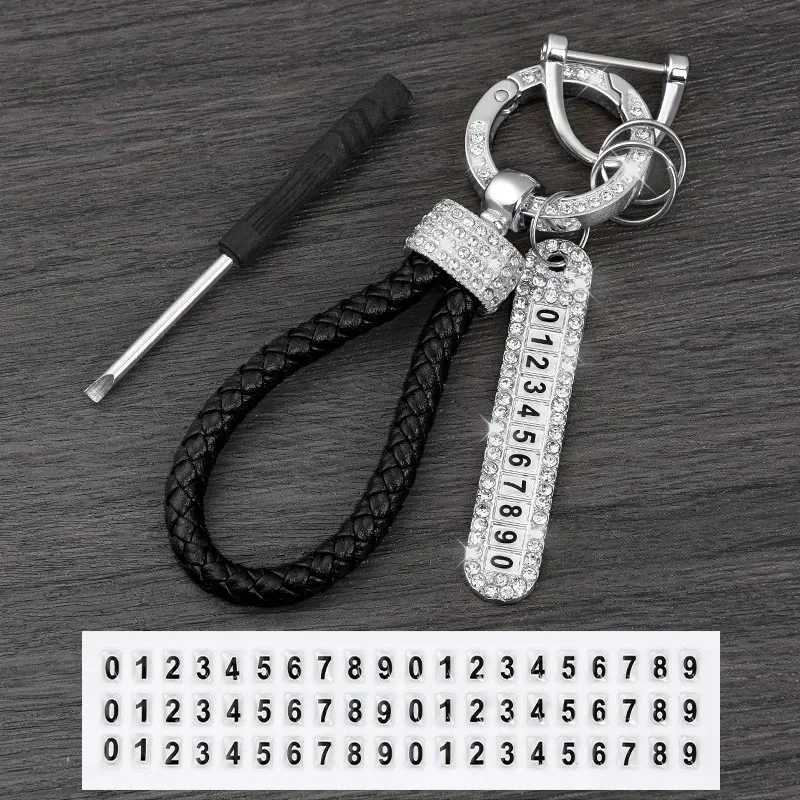 Fashion Personalized Handmade Rhinestone Keychain with Phone Number Tag Leather Keyring Crystal Anti-lost Design Accessories M250604