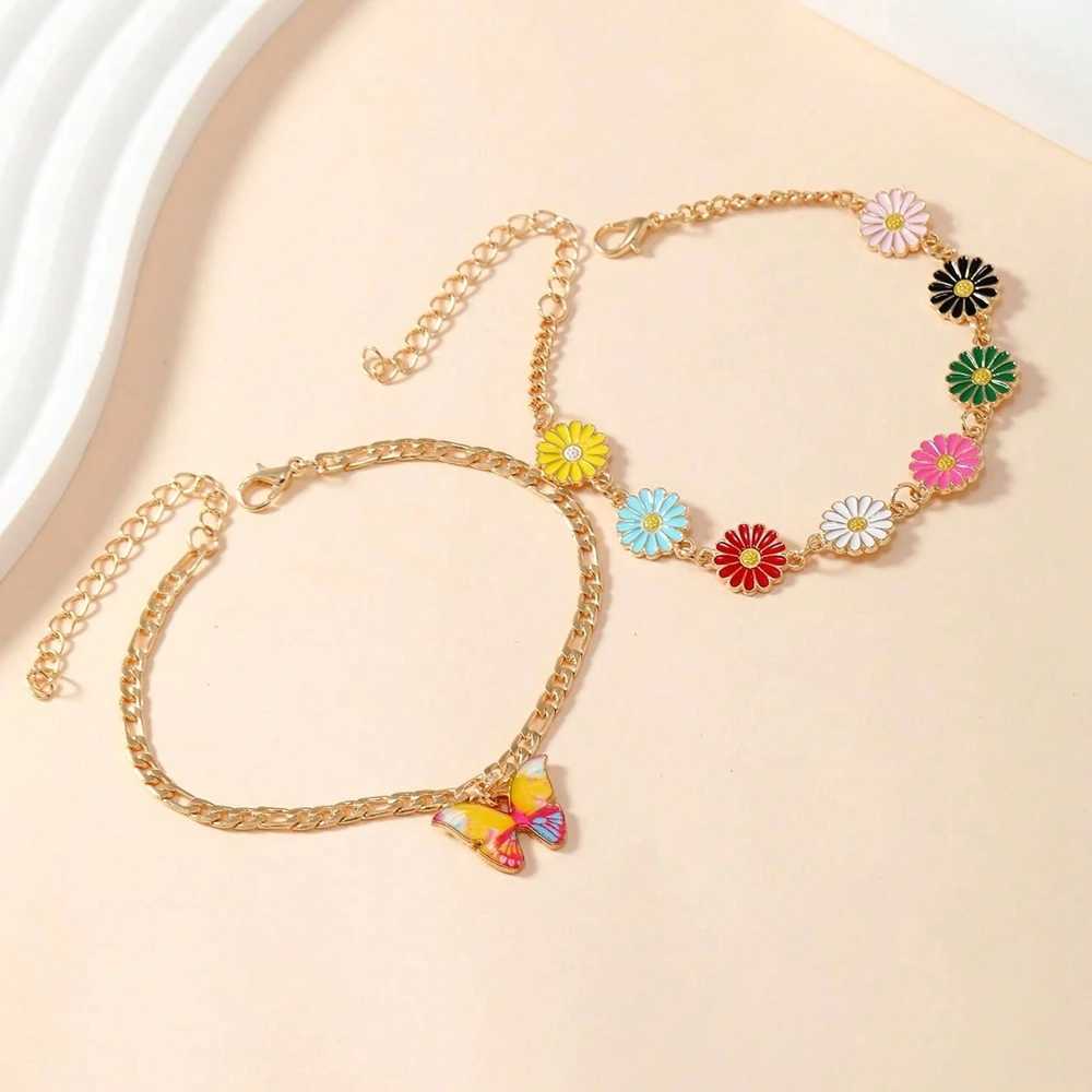 2 Piece Fashion Foot Bracelets Elegant Gold Color Enamel Daisy Butterfly Anklets For Women Summer Beach Jewelry Ankle Chain W250604