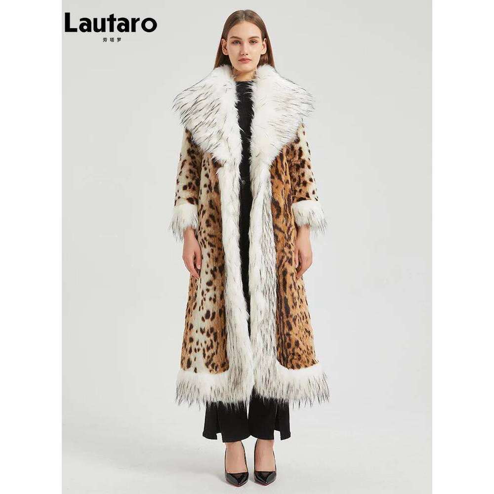 Lautaro-Faux Fox Fur Coat with Trim and Cuff for Women, Long Warm Thick Leopard Print, Furry Overcoat, Winter