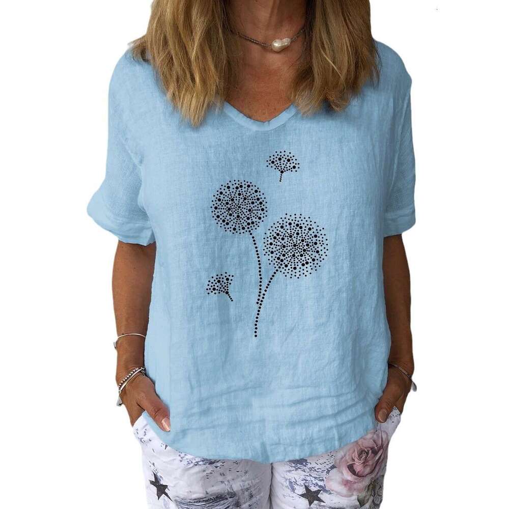 Short Sleeve Cotton Linen Loose Casual Dandelion Print Top B5