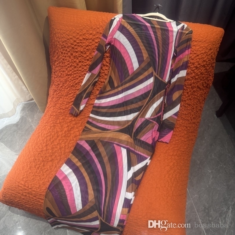 2025 New Womens Designer Dress Sexy Mesh Beach Dresses For Woman Fashion Striped Printed Long Sleeve Summer Bikini Ladies Skirt