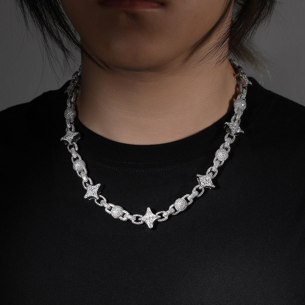 Hip Hop Four-pointed Star Flower Beads Infinite Cuban Chain Necklace 5A Zircons Mens Choker Jewelry