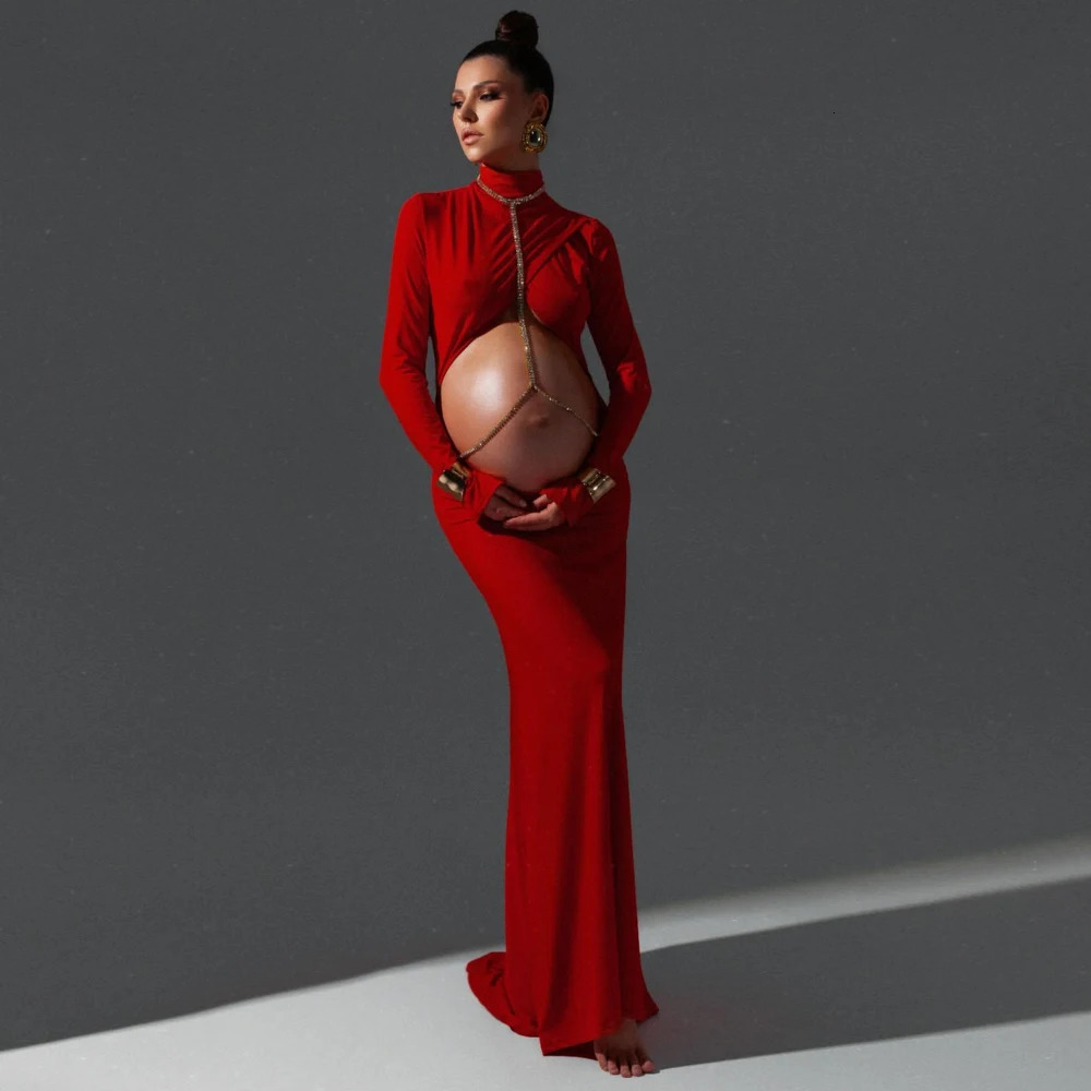 Sexy Elegant Maternity Pography Gown Expose Pregnant Belly Dress Po Shoot Pregnant Red Floor Mopping Dress 250530