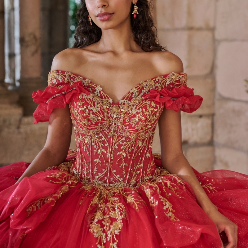 Red Quinceanera Dresses Ball Gown Gold Applique Lace Beads Bow Tull Party Birthday Sweet 16 Vestidos De XV 15 Anos