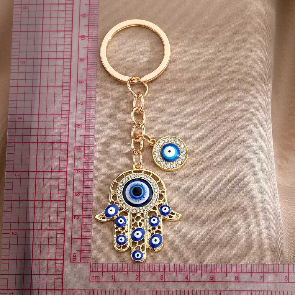 Ethnic Style Lucky Blue Evil Eye Keychain Charm Crystal Fatima Hasma Hand Key Ring Holder Key Bag Charms For Women Men M250604